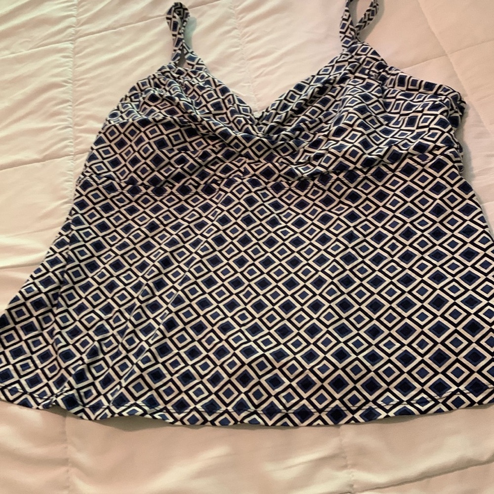 Beach House Woman black, white, blue swim top. Women’s 20